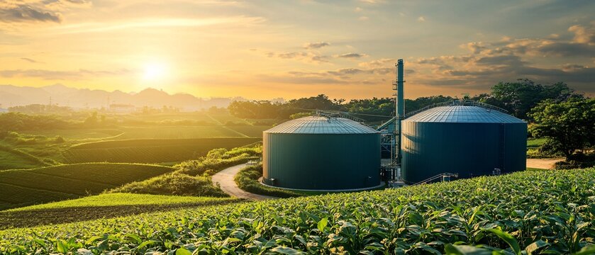 Biogas plant in a lush green landscape at sunset, showcasing renewable energy sources amidst nature's beauty.