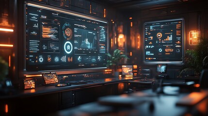 Obraz premium Futuristic office interior with a large screen displaying data and graphs.
