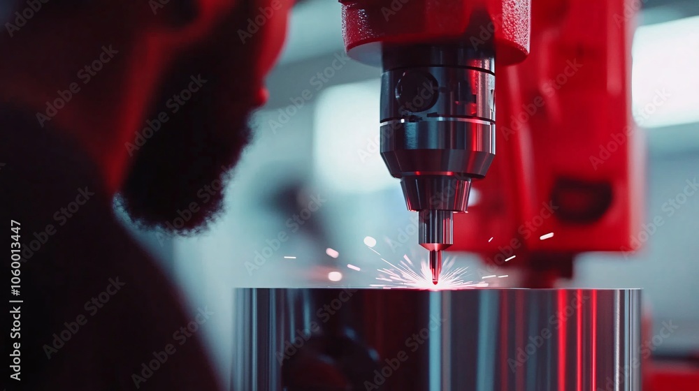 Poster a skilled worker operates a high-tech machine, creating sparks during a metal fabrication process in