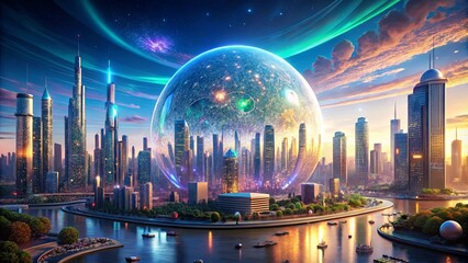Naklejka premium A futuristic cityscape with glowing skyscrapers encased within a luminous sphere, illuminated by an ethereal cosmic display of swirling nebulae, stars, and galactic dust