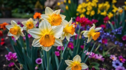 Obraz premium Uniquely colored daffodil standing out in a garden surrounded by traditional yellow daffodils, garden, bloom, outdoor