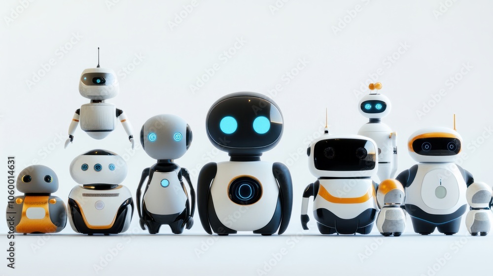 Poster assorted ai robots in various shapes and sizes, featuring sleek designs isolated on white