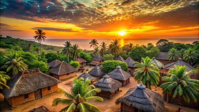 Stunning Silhouette of Traditional African Village in Bijagos Islands, Guinea-Bissau with Palm Leaf Houses at Sunset