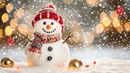 Fototapeta premium Create a charming winter background featuring a cheerful snowman with a cozy scarf and hat, surrounded by a snowy landscape, with plenty of copy space for seasonal messages or holiday greetings.
