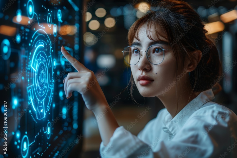 Poster young woman interacting with a high-tech digital display in a modern office space while exploring ac