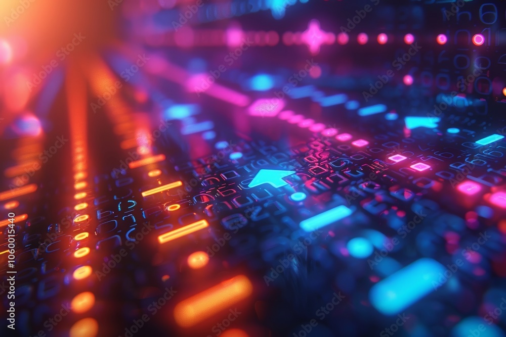 Poster vibrant digital landscape depicting flowing binary code illuminated by neon colors, showcasing the f