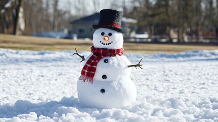 Fototapeta premium Create a peaceful winter scene with a cheerful snowman, surrounded by soft snow and a spacious copy space background, perfect for seasonal greetings or holiday messages.
