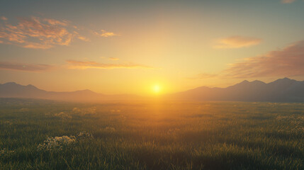 Fototapeta premium Serene Meadow Landscape with Golden Morning Sunlight Illuminating the Horizon for Peaceful Natural Scenery Designs