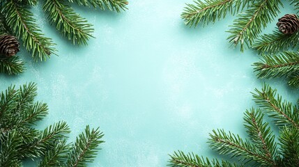 Festive pine branches with cones on light blue