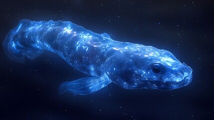 Fototapeta premium Glowing blue fish swims in a galaxy of stars.