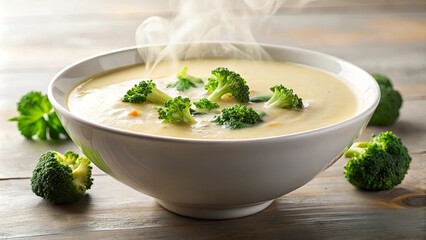 A bowl of creamy soup with broccoli florets, garnished with fresh greenery, steaming on a rustic wooden table.