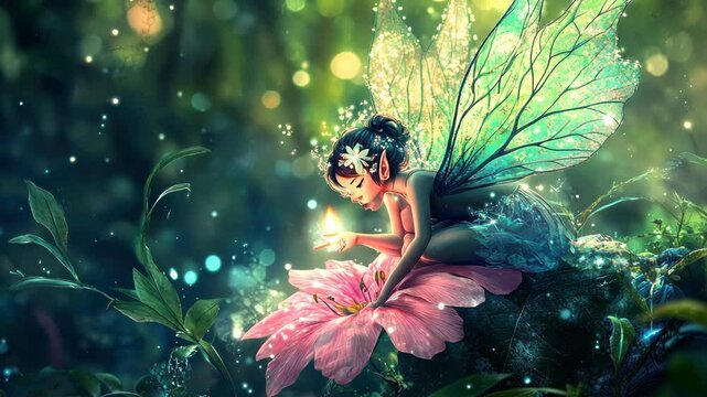 A magical fairy with iridescent wings sits on a flower in a mystical forest.