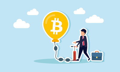 A businessman pumping a bitcoin balloon, illustration of maintaining and increasing bitcoin assets for growth and development