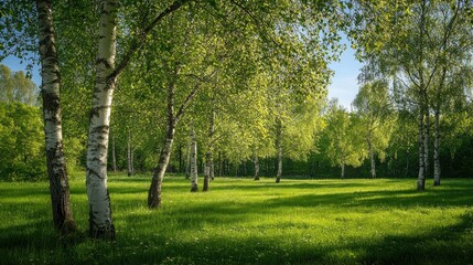 Obraz premium A serene landscape featuring lush green grass and birch trees under a clear sky.