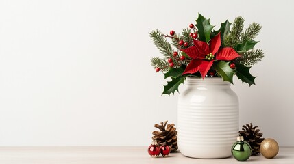 A festive arrangement with red poinsettias, evergreen sprigs, and decorative ornaments in a white vase on a light background.