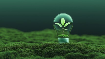 A light bulb with a sprouting plant inside, symbolizing eco-friendliness and sustainability, on a green moss background.