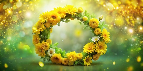 Obraz premium Vibrant Double Exposure of Bright Yellow Floral Wreath with Assorted Flowers Capturing Nature's Beauty