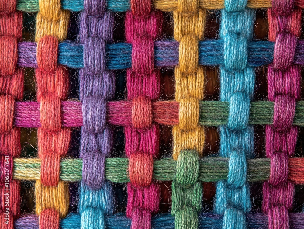 Poster a colorful woven textile showcasing intricate patterns and vibrant threads.