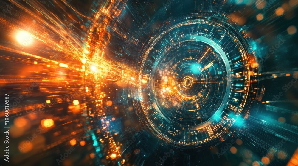 Poster digital abstract with glowing lights and circular patterns