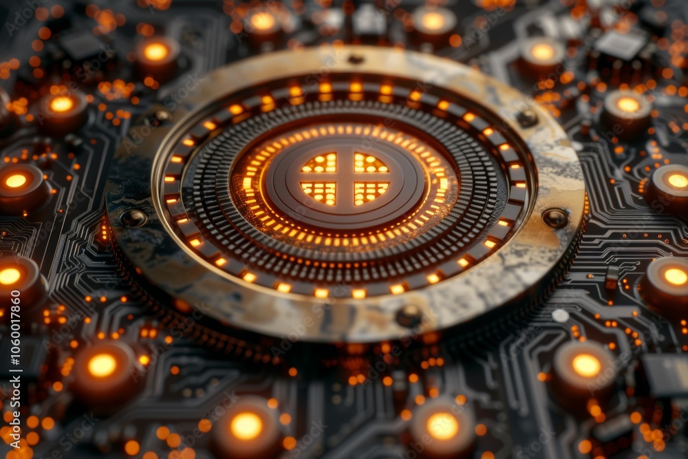 Poster a close-up view of a futuristic circuit board featuring glowing elements, highlighting the integrati