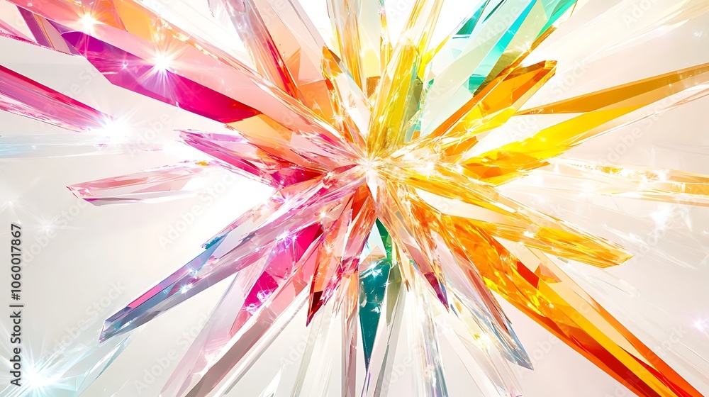 Poster abstract colorful glass shards with glowing lights on a white background.