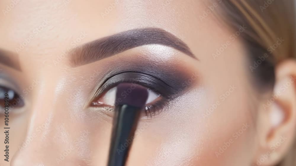 Poster applying liquid eyeliner with precision, creating a perfect cat eye under studio lighting with a sta