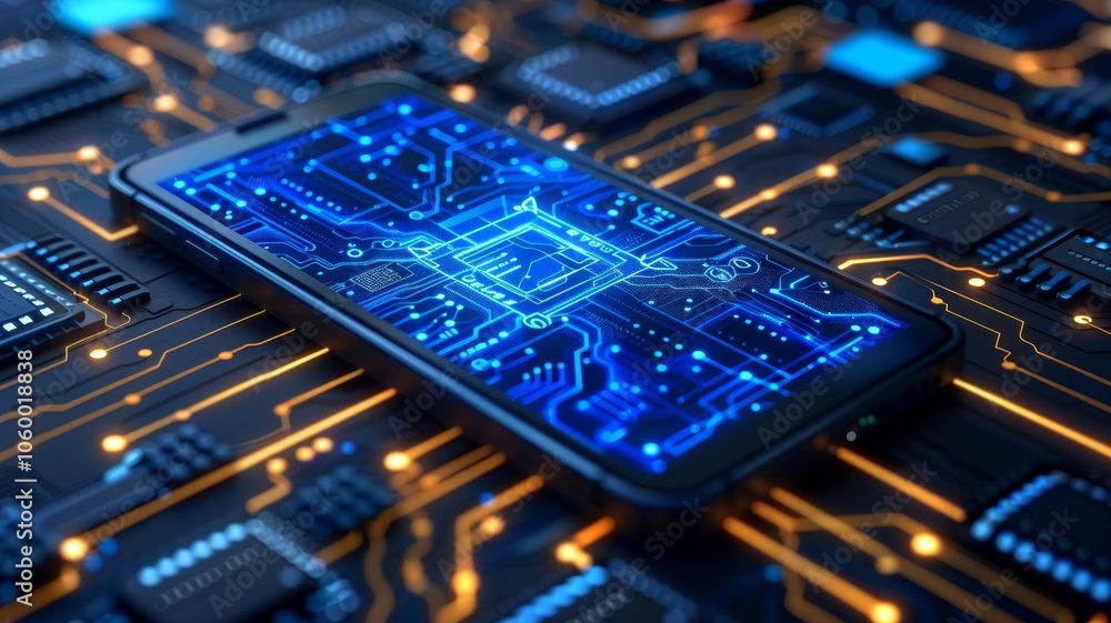 Poster a smartphone rests on a circuit board design, highlighting the intricate connections of technology a