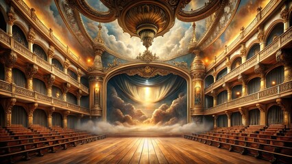 Obraz premium A gilded stage adorned with celestial clouds and an ethereal glow, anticipating the unveiling of a wondrous spectacle.