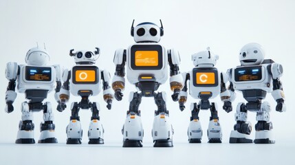 Fototapeta premium digital robots with expressive screens and high-tech features on a white background