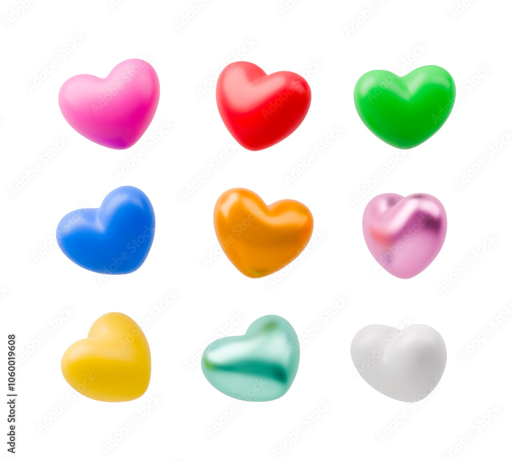 Wall mural 3d heart in different color. vector valentines day symbol in different view. realistic romantic symb