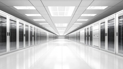 Fototapeta premium A modern data center with rows of servers and bright overhead lights reflecting off the polished floor.