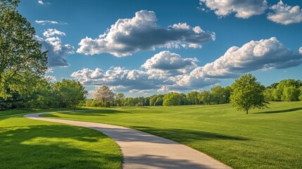 Obraz premium A scenic park pathway winding through lush greenery under a bright blue sky with clouds.