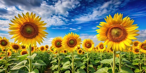 A field of tall sunflowers stretching towards the sky against a bright blue sky, landscape photography, wildflower design, outdoors, natural scenery, sunny day