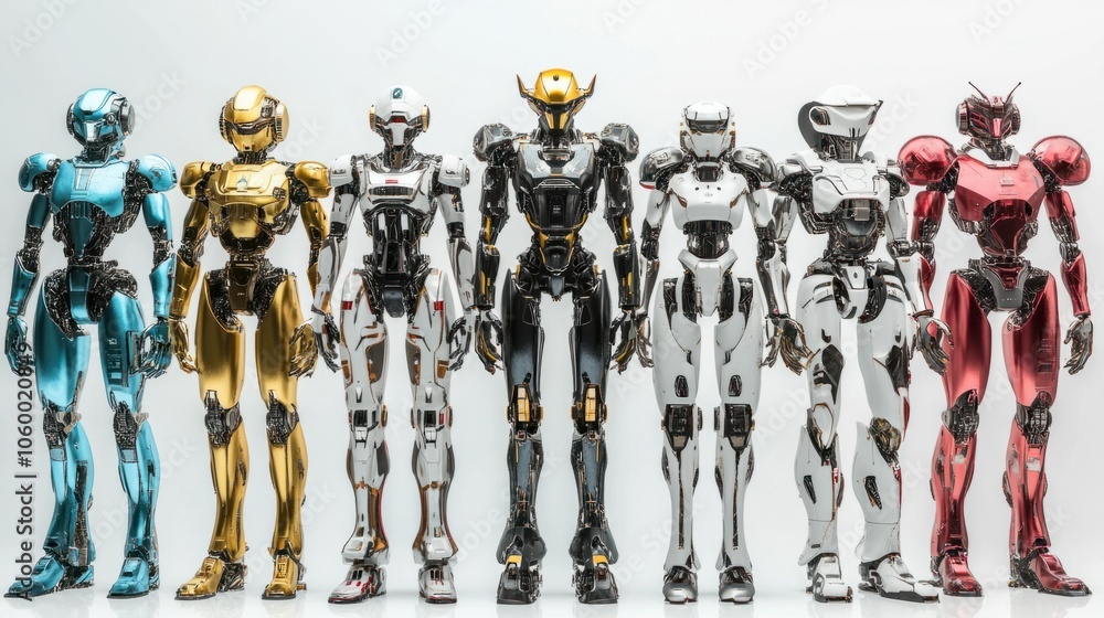 Aufkleber assortment of high-tech ai robots with metallic and glossy surfaces on white background