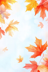 Fototapeta premium Autumn leaves in vibrant orange hues against soft blue background create serene and warm atmosphere, perfect for seasonal themes