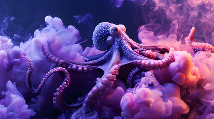 Dramatic octopus emerging from ink cloud with neon spotlight