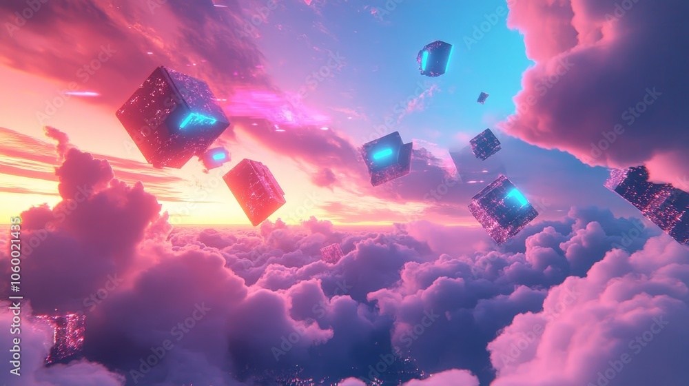 Poster a surreal ai-generated landscape where the sky is filled with floating geometric shapes and clouds t