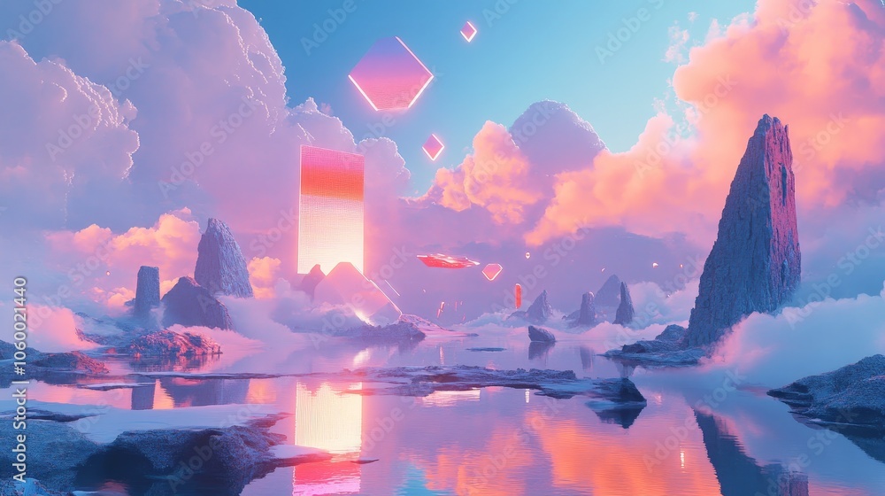 Poster a surreal ai-generated landscape where the sky is filled with floating geometric shapes and clouds t