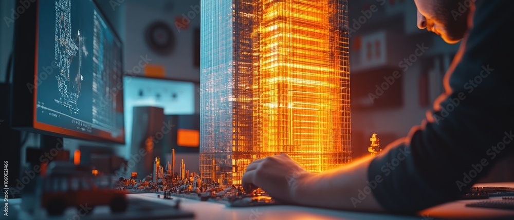 Poster architect working on a model of a skyscraper in a dark office with a computer screen showing a bluep