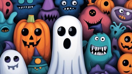 Obraz premium Halloween Monsters and Pumpkins Illustration