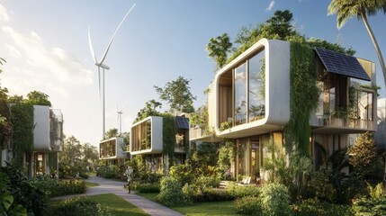 Fototapeta premium A sustainable community with eco-friendly homes powered by solar energy and wind turbines, with shared gardens and green spaces.