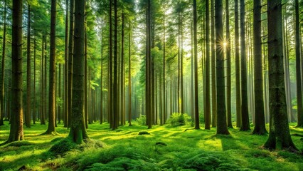 Fototapeta premium A lush green forest with tall trees standing upright in the foreground, plant life, serene