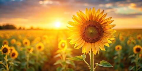 A golden sunflower standing alone in a field with warm light, wheat, outdoor, warm glow