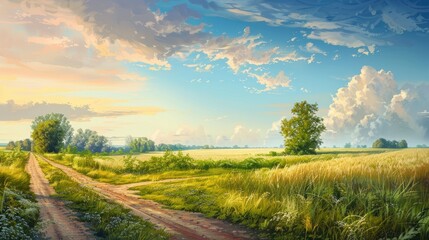 Obraz premium Rural farmland with a dirt road in the spring landscape