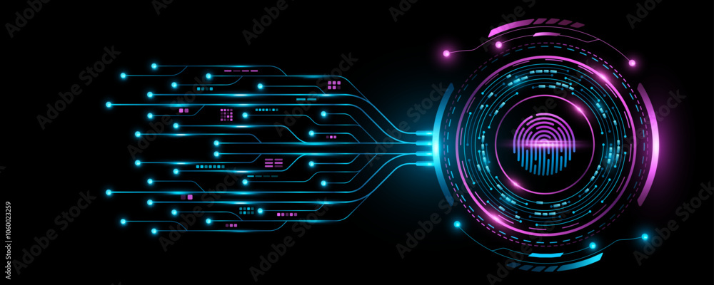 Poster glowing digital hud circle with user fingerprint scan. ai circuit board with electronics details for