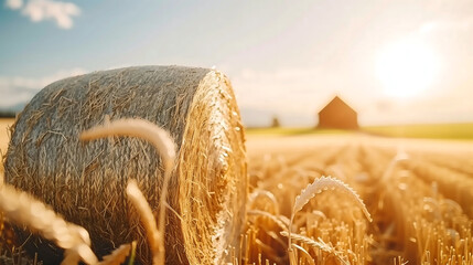 Golden Fields at Sunset A Serene Landscape with a Hay Bale and Rustic Barn in the Background Capturing the Beauty of Nature