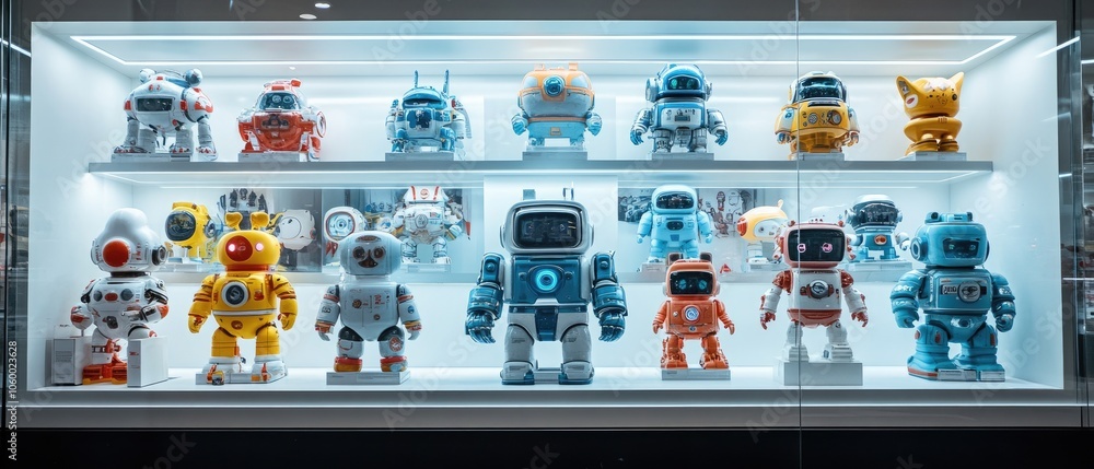 Poster Collection of colorful toy robots displayed in a glass case.