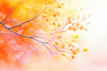 Fototapeta premium Delicate branch with soft yellow leaves against warm orange background, evoking serene autumn atmosphere