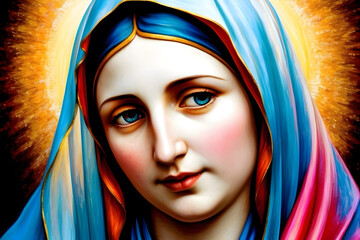 Naklejka premium Mother Mary gazes with infinite compassion, her eyes brimming with tenderness and warmth.