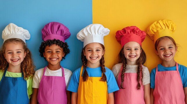 Five smiling children wearing chef hats and aprons stand in a line against a blue and yellow background.